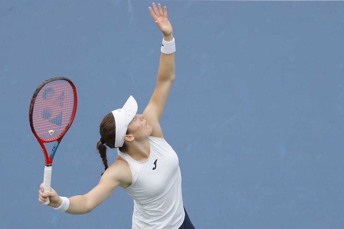 Sep 1, 2021; Flushing, NY, USA; Tamara Zidansek of Slovenia serves against Arnya Sabalenka of Belarus (not pictured) on day three of the 2021 U.S. Open tennis tournament at USTA Billie Jean King National Tennis Center. Mandatory Credit: Geoff Burke-USA TODAY Sports