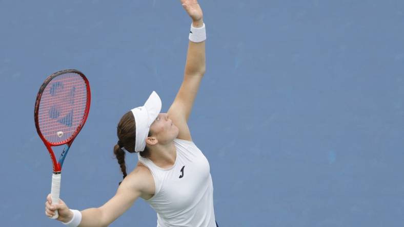 Sep 1, 2021; Flushing, NY, USA; Tamara Zidansek of Slovenia serves against Arnya Sabalenka of Belarus (not pictured) on day three of the 2021 U.S. Open tennis tournament at USTA Billie Jean King National Tennis Center. Mandatory Credit: Geoff Burke-USA TODAY Sports