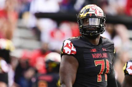 Sep 25, 2021; College Park, Maryland, USA; Maryland Terrapins offensive lineman Jaelyn Duncan (71) stands on the field during the second half against the Kent State Golden Flashes  at Capital One Field at Maryland Stadium. Mandatory Credit: Tommy Gilligan-USA TODAY Sports