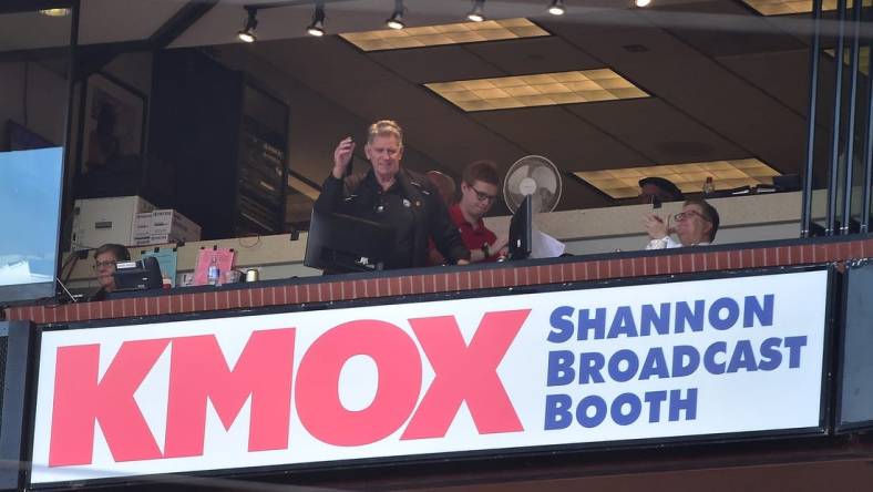 Oct 3, 2021; St. Louis, Missouri, USA;  St. Louis Cardinals broadcaster Mike Shannon is honor in his final game of his career during the second inning of a game between the St. Louis Cardinals and the Chicago Cubs at Busch Stadium. Shannon is retiring after 50 years of broadcasting for the Cardinals. Mandatory Credit: Jeff Curry-USA TODAY Sports