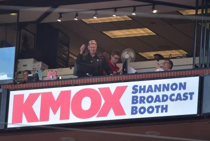 Oct 3, 2021; St. Louis, Missouri, USA;  St. Louis Cardinals broadcaster Mike Shannon is honor in his final game of his career during the second inning of a game between the St. Louis Cardinals and the Chicago Cubs at Busch Stadium. Shannon is retiring after 50 years of broadcasting for the Cardinals. Mandatory Credit: Jeff Curry-USA TODAY Sports