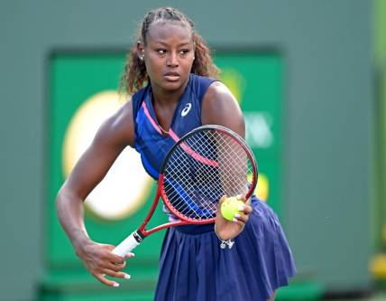 Oct 4, 2021; Indian Wells, CA, USA; Alycia Parks (USA) during her first round qualifying match against Leonnie Kung (not pictured) at the Indian Wells Tennis Garden. Mandatory Credit: Jayne Kamin-Oncea-USA TODAY Sports