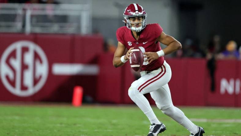 Alabama Crimson Tide quarterback Bryce Young (9) is the right choice at No. 1. Mandatory Credit: Butch Dill-USA TODAY Sports