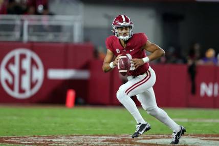 Alabama Crimson Tide quarterback Bryce Young (9) is the right choice at No. 1. Mandatory Credit: Butch Dill-USA TODAY Sports