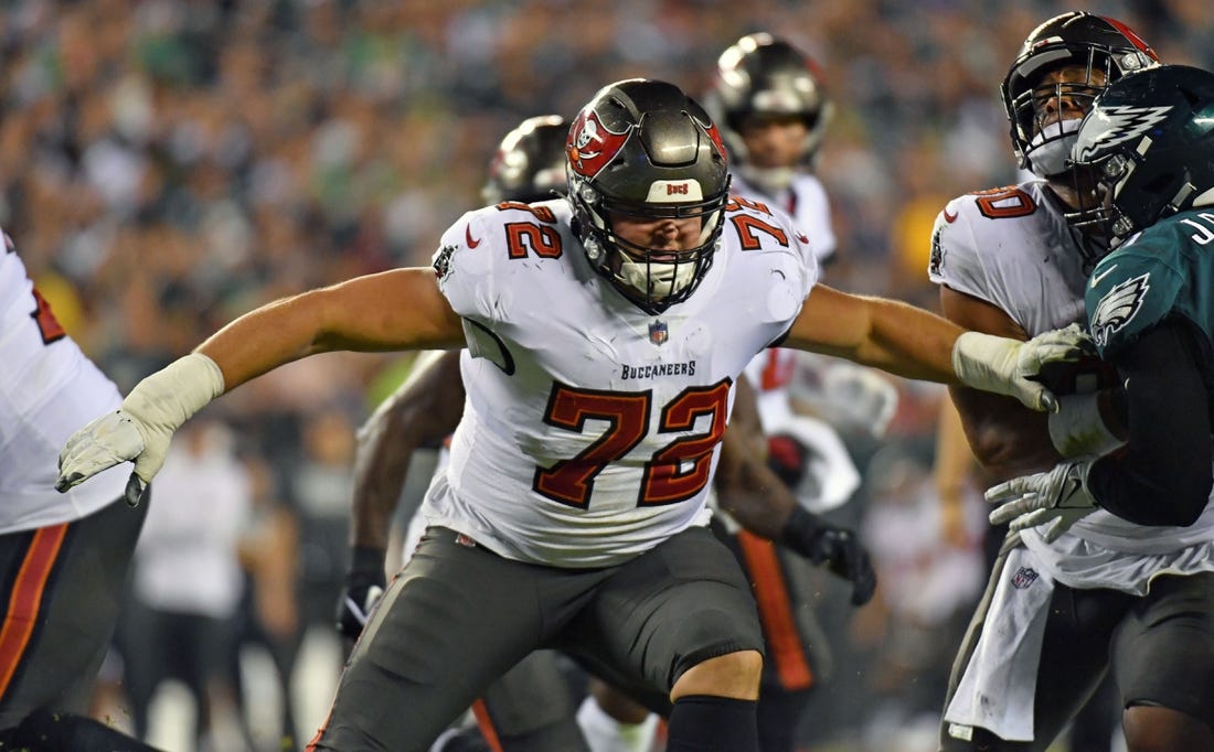 Oct 14, 2021; Philadelphia, Pennsylvania, USA; Tampa Bay Buccaneers offensive tackle Josh Wells (72) against the Philadelphia Eagles at Lincoln Financial Field. Mandatory Credit: Eric Hartline-USA TODAY Sports