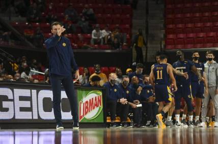 Nov 9, 2021; College Park, Maryland, USA; Quinnipiac Bobcats head coach Baker Dunleavy during the game against the Maryland Terrapins at Xfinity Center. Mandatory Credit: Tommy Gilligan-USA TODAY Sports