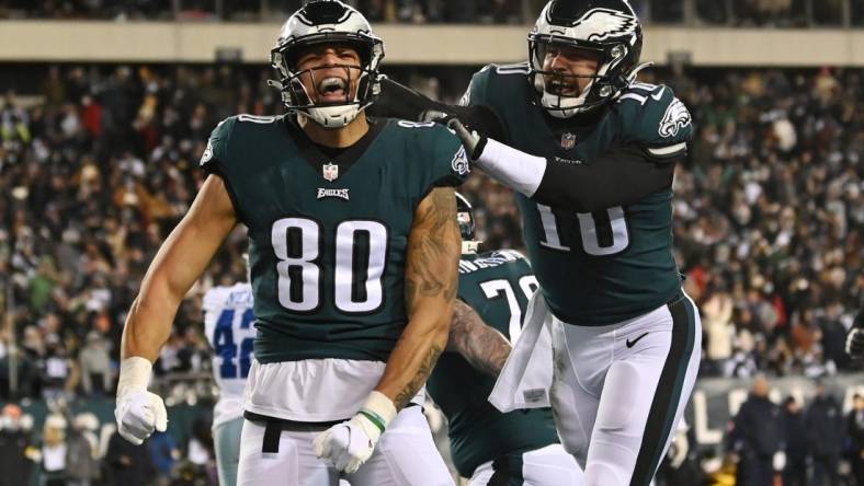 Jan 8, 2022; Philadelphia, Pennsylvania, USA; Philadelphia Eagles tight end Tyree Jackson (80) celebrates with Eagles quarterback Gardner Minshew (10) after scoring a touchdown against the Dallas Cowboys during the first quarter at Lincoln Financial Field. Mandatory Credit: Tommy Gilligan-USA TODAY Sports