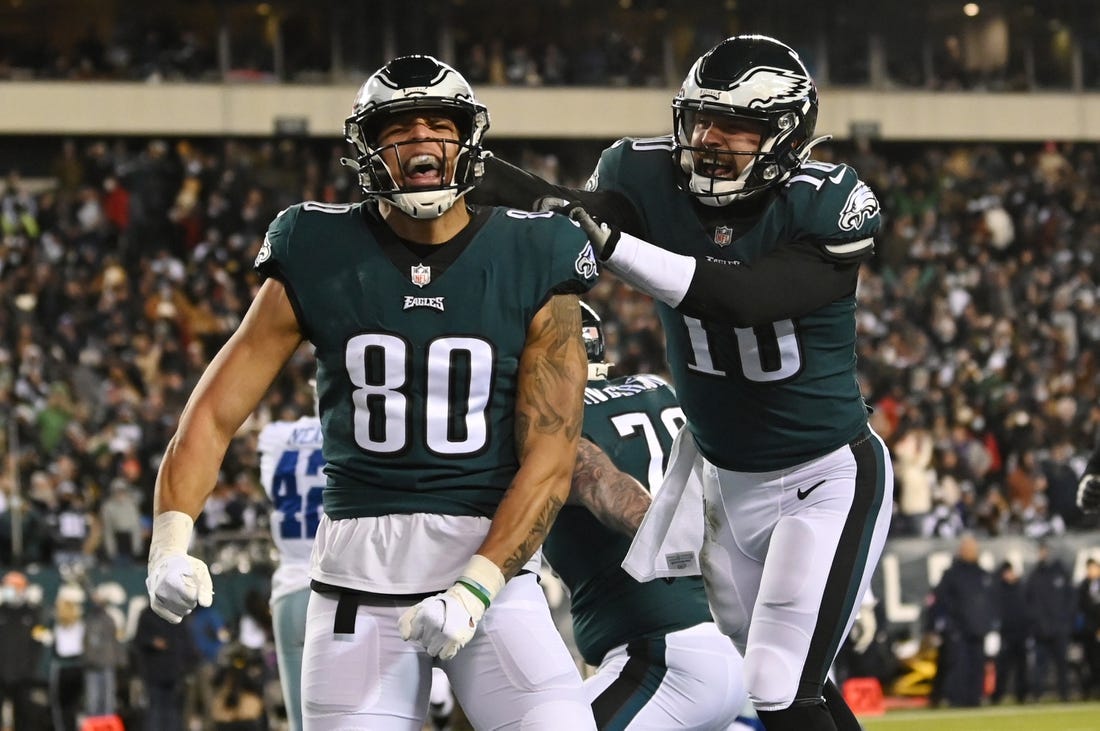 Jan 8, 2022; Philadelphia, Pennsylvania, USA; Philadelphia Eagles tight end Tyree Jackson (80) celebrates with Eagles quarterback Gardner Minshew (10) after scoring a touchdown against the Dallas Cowboys during the first quarter at Lincoln Financial Field. Mandatory Credit: Tommy Gilligan-USA TODAY Sports