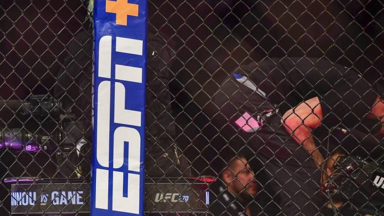 Jan 22, 2022; Anaheim, California, USA; A view of the ESPN logo before UFC 270 at Honda Center. Mandatory Credit: Gary A. Vasquez-USA TODAY Sports