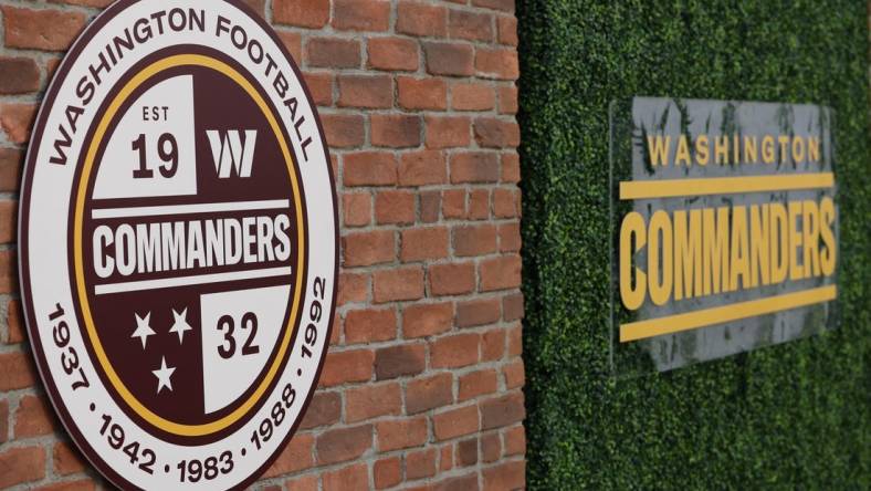 Feb 2, 2022; Landover, MD, USA; A view of the new logos during a press conference revealing the Washington Commanders as the new name for the formerly named Washington Football Team at FedEx Field. Mandatory Credit: Geoff Burke-USA TODAY Sports