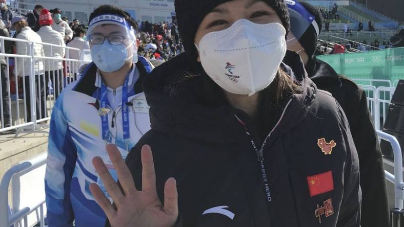 Feb 8, 2022; Beijing, China; Peng Shuai attends the freestyle skiing womens big air final during the Beijing 2022 Olympic Winter Games at Big Air Shougang. Mandatory Credit: Sandy Hooper-USA TODAY Sports