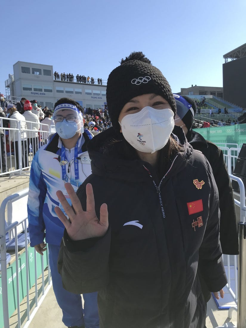 Feb 8, 2022; Beijing, China; Peng Shuai attends the freestyle skiing womens big air final during the Beijing 2022 Olympic Winter Games at Big Air Shougang. Mandatory Credit: Sandy Hooper-USA TODAY Sports