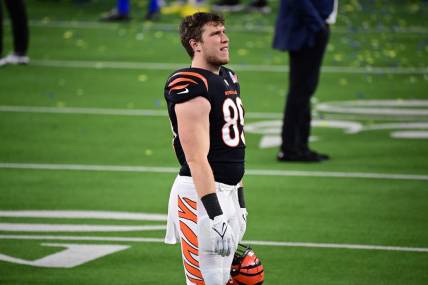 Feb 13, 2022; Inglewood, California, USA; Cincinnati Bengals tight end Drew Sample (89) reacts after losing the game against the Los Angeles Rams in Super Bowl LVI at SoFi Stadium. Mandatory Credit: Gary A. Vasquez-USA TODAY Sports