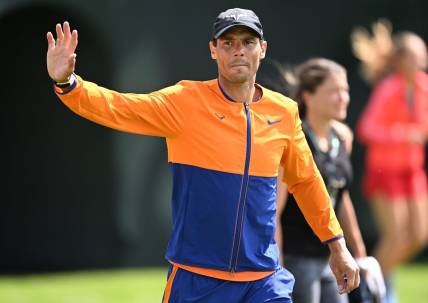 Mar 10, 2022; Indian Wells, CA, USA;   Rafael Nadal (ESP) waves to fans at the BNP Paribas Open at the Indian Wells Tennis Garden. Mandatory Credit: Jayne Kamin-Oncea-USA TODAY Sports