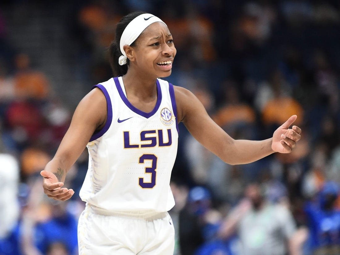 LSU guard Khayla Pointer (3) reacts to a call during the game against Kentucky in the SEC Women's Basketball Tournament game in Nashville, Tenn. on Friday, March 4, 2022.

Sec Tourney Lsu Ky