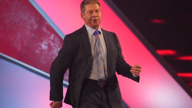 Apr 3, 2022; Arlington, TX, USA; WWE owner Vince McMahon enters the arena during WrestleMania at AT&T Stadium. Mandatory Credit: Joe Camporeale-USA TODAY Sports