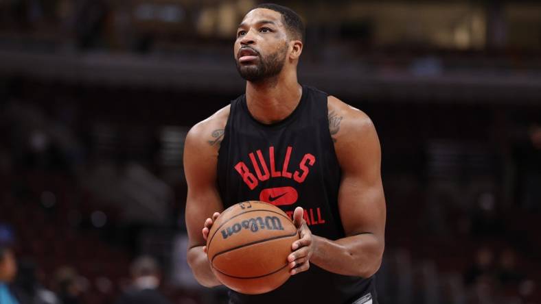 Apr 8, 2022; Chicago, Illinois, USA; Chicago Bulls center Tristan Thompson (3) warms up before an NBA game against the Charlotte Hornets at United Center. Mandatory Credit: Kamil Krzaczynski-USA TODAY Sports