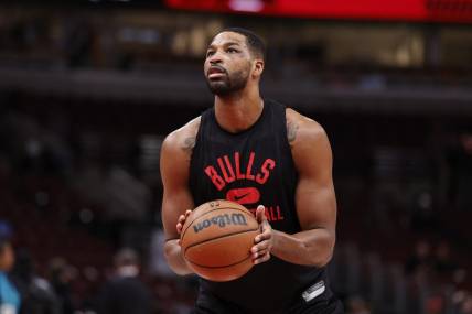 Apr 8, 2022; Chicago, Illinois, USA; Chicago Bulls center Tristan Thompson (3) warms up before an NBA game against the Charlotte Hornets at United Center. Mandatory Credit: Kamil Krzaczynski-USA TODAY Sports