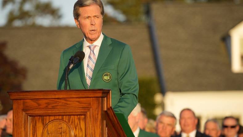 Apr 10, 2022; Augusta, Georgia, USA; Augusta National Golf Club Chairman Fred Ridley speaks during the green jacket ceremony during the final round of the Masters Tournament at Augusta National Golf Club. Mandatory Credit: Adam Cairns-Augusta Chronicle/USA TODAY Sports