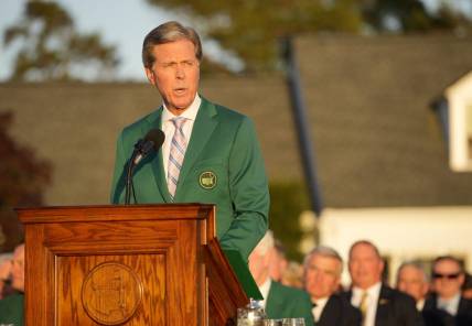 Apr 10, 2022; Augusta, Georgia, USA; Augusta National Golf Club Chairman Fred Ridley speaks during the green jacket ceremony during the final round of the Masters Tournament at Augusta National Golf Club. Mandatory Credit: Adam Cairns-Augusta Chronicle/USA TODAY Sports