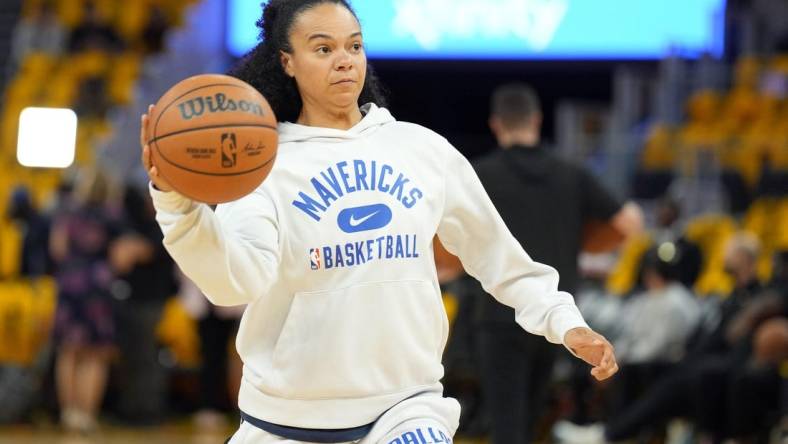 May 18, 2022; San Francisco, California, USA; Dallas Mavericks assistant coach Kristi Toliver before game one of the 2022 western conference finals against the Golden State Warriors at Chase Center. Mandatory Credit: Darren Yamashita-USA TODAY Sports