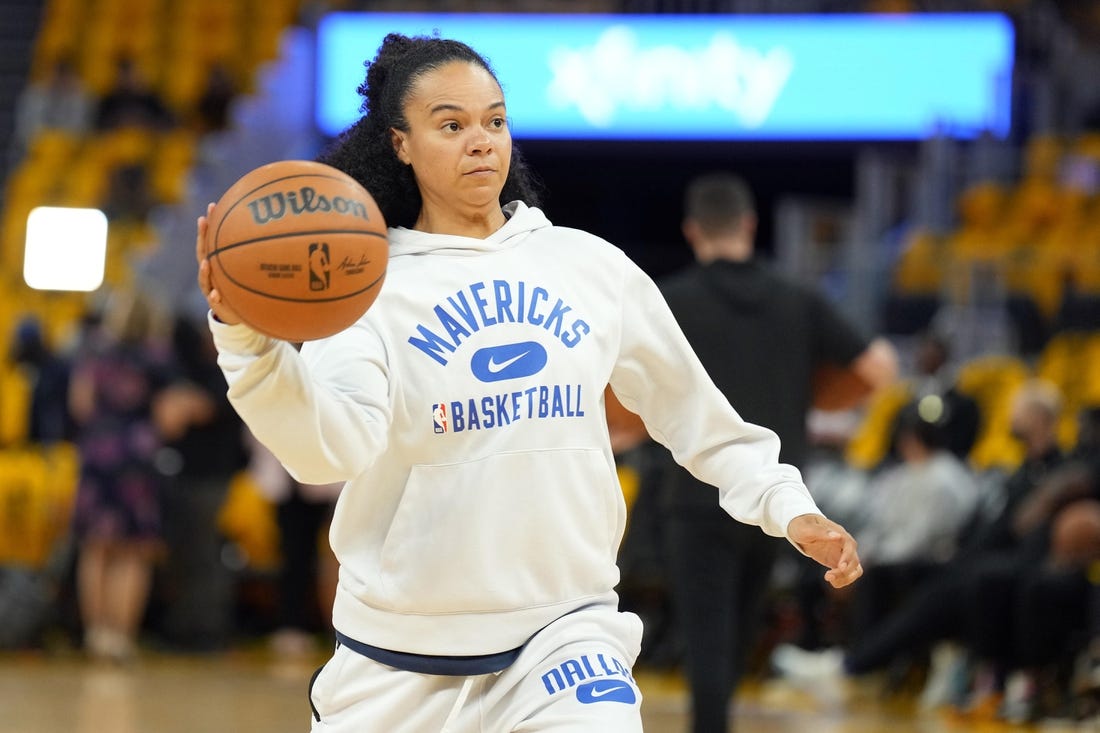 May 18, 2022; San Francisco, California, USA; Dallas Mavericks assistant coach Kristi Toliver before game one of the 2022 western conference finals against the Golden State Warriors at Chase Center. Mandatory Credit: Darren Yamashita-USA TODAY Sports