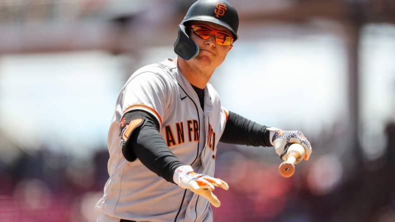 May 29, 2022; Cincinnati, Ohio, USA; San Francisco Giants left fielder Joc Pederson (23) reacts after striking out in the sixth inning against the Cincinnati Reds at Great American Ball Park. Mandatory Credit: Katie Stratman-USA TODAY Sports