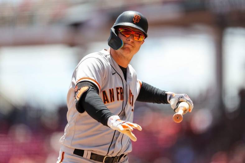 May 29, 2022; Cincinnati, Ohio, USA; San Francisco Giants left fielder Joc Pederson (23) reacts after striking out in the sixth inning against the Cincinnati Reds at Great American Ball Park. Mandatory Credit: Katie Stratman-USA TODAY Sports