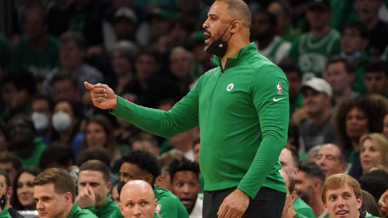 Jun 8, 2022; Boston, Massachusetts, USA; Boston Celtics head coach Ime Udoka reacts in the second quarter during game three of the 2022 NBA Finals against the Golden State Warriors at the TD Garden. Mandatory Credit: Kyle Terada-USA TODAY Sports