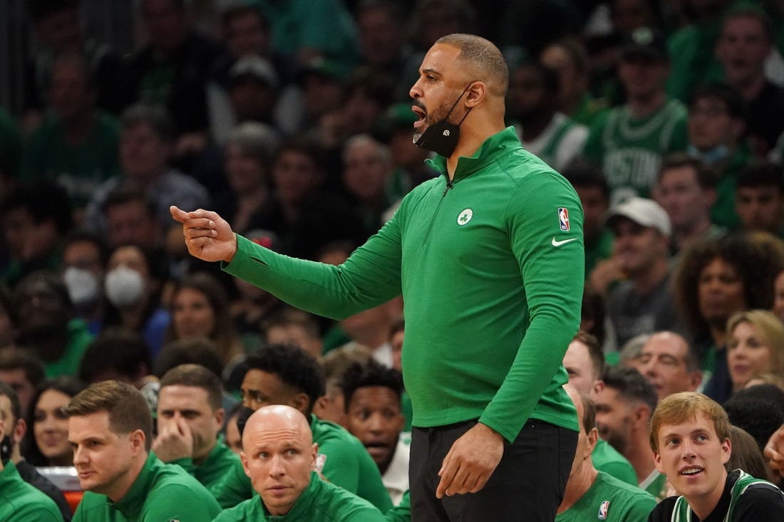 Jun 8, 2022; Boston, Massachusetts, USA; Boston Celtics head coach Ime Udoka reacts in the second quarter during game three of the 2022 NBA Finals against the Golden State Warriors at the TD Garden. Mandatory Credit: Kyle Terada-USA TODAY Sports