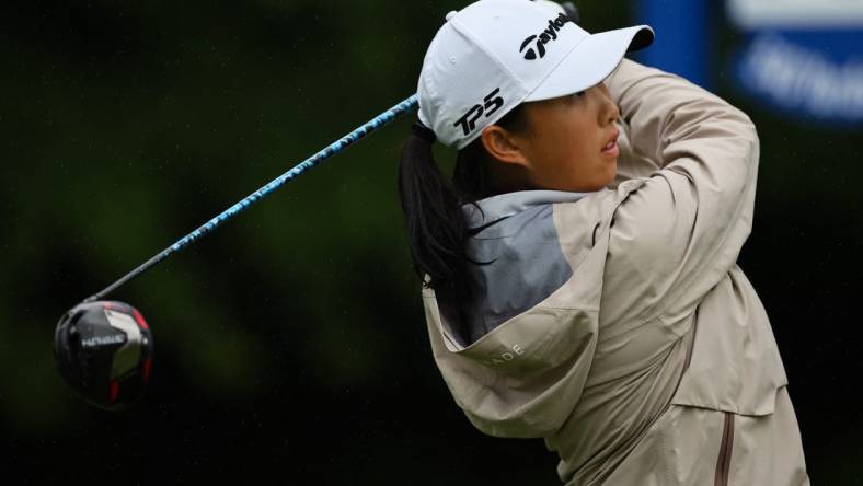 Jun 23, 2022; Bethesda, Maryland, USA; Ruoning Yin plays her shot from the 11th tee during the first round of the KPMG Women's PGA Championship golf tournament at Congressional Country Club. Mandatory Credit: Scott Taetsch-USA TODAY Sports