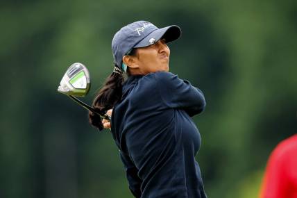 Jun 23, 2022; Bethesda, Maryland, USA; Aditi Ashok plays her shot from the 16th tee during the first round of the KPMG Women's PGA Championship golf tournament at Congressional Country Club. Mandatory Credit: Scott Taetsch-USA TODAY Sports