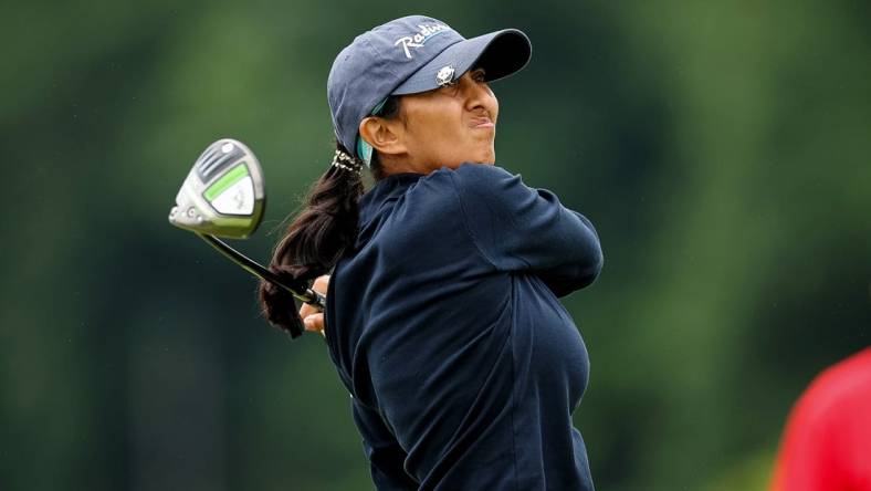 Jun 23, 2022; Bethesda, Maryland, USA; Aditi Ashok plays her shot from the 16th tee during the first round of the KPMG Women's PGA Championship golf tournament at Congressional Country Club. Mandatory Credit: Scott Taetsch-USA TODAY Sports