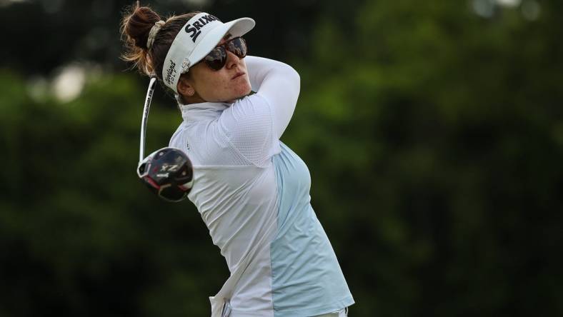 Jun 25, 2022; Bethesda, Maryland, USA; Hannah Green plays her shot from the 18th tee during the third round of the KPMG Women's PGA Championship golf tournament at Congressional Country Club. Mandatory Credit: Scott Taetsch-USA TODAY Sports