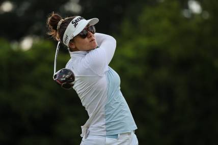 Jun 25, 2022; Bethesda, Maryland, USA; Hannah Green plays her shot from the 18th tee during the third round of the KPMG Women's PGA Championship golf tournament at Congressional Country Club. Mandatory Credit: Scott Taetsch-USA TODAY Sports