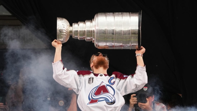 Jun 30, 2022; Denver, Colorado, USA; Colorado Avalanche left wing Gabriel Landeskog (92) during the Stanley Cup Championship Celebration. Mandatory Credit: Ron Chenoy-USA TODAY Sports