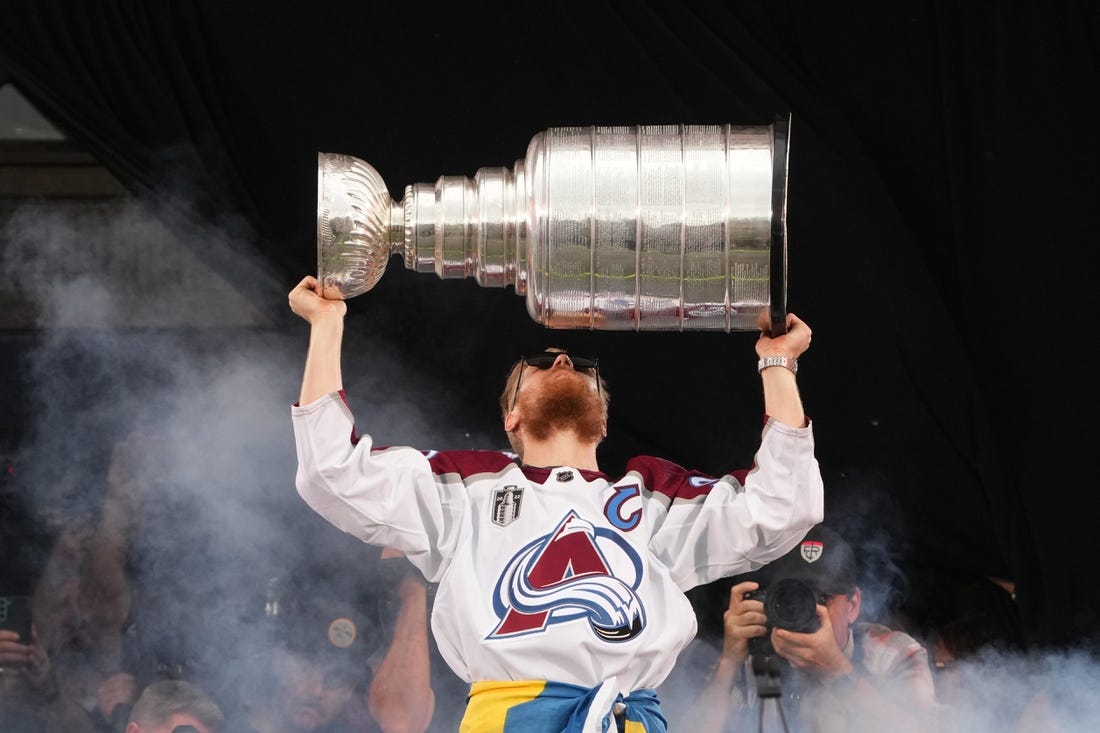 Jun 30, 2022; Denver, Colorado, USA; Colorado Avalanche left wing Gabriel Landeskog (92) during the Stanley Cup Championship Celebration. Mandatory Credit: Ron Chenoy-USA TODAY Sports