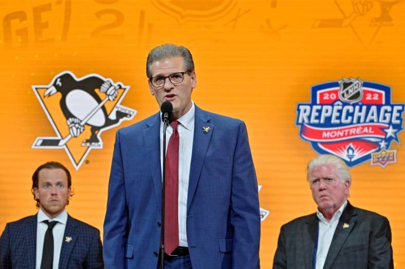 Jul 7, 2022; Montreal, Quebec, CANADA; Pittsburgh Penguins Ron Hextall speaks before defenseman Kris Letang (not pictured) announces Owen Pickering (not pictured) as the number twenty-one overall pick to the Pittsburgh Penguins in the first round of the 2022 NHL Draft at Bell Centre. Mandatory Credit: Eric Bolte-USA TODAY Sports