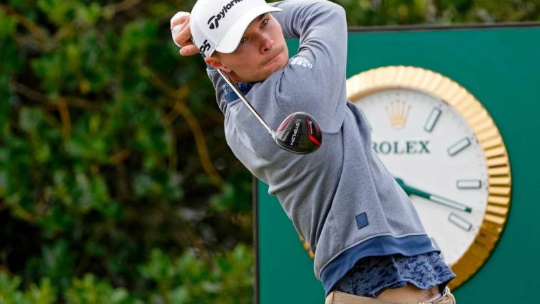 Jul 14, 2022; St. Andrews, SCT; Nicolai Hojgaard tees off on the third hole during the first round of the 150th Open Championship golf tournament at St. Andrews Old Course. Mandatory Credit: Michael Madrid-USA TODAY Sports