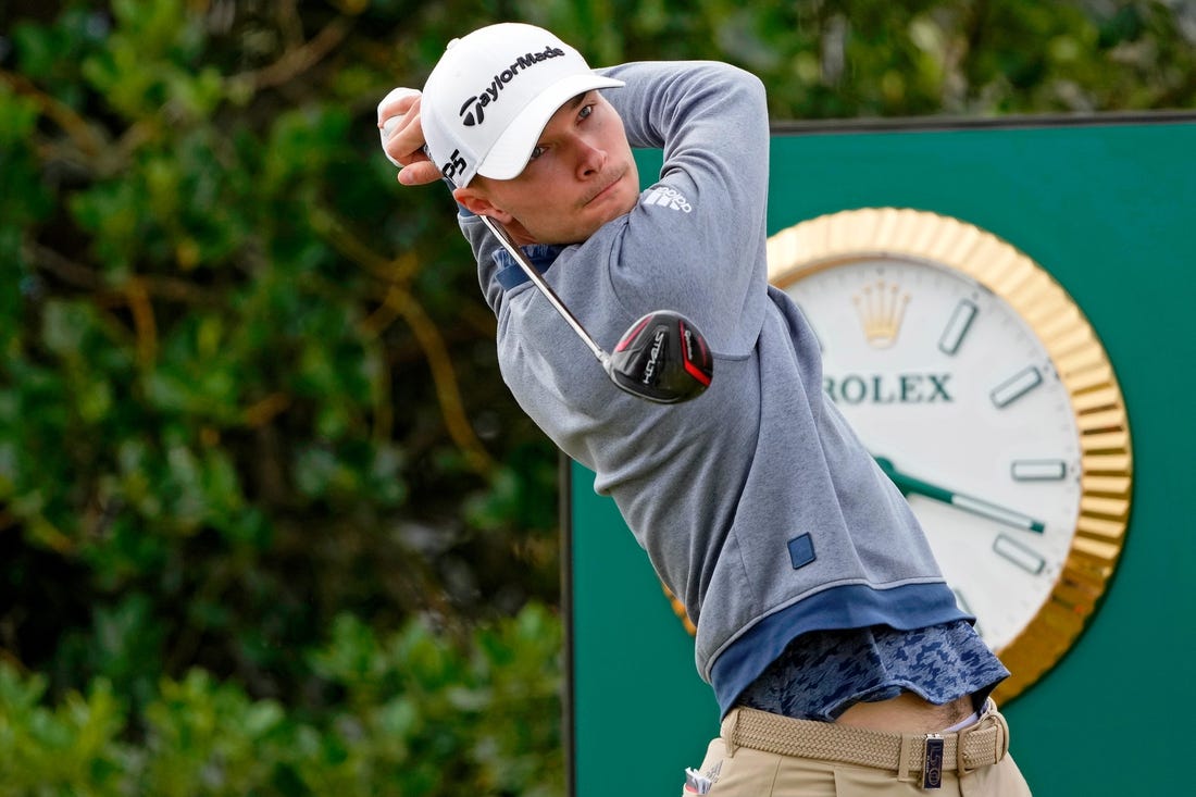 Jul 14, 2022; St. Andrews, SCT; Nicolai Hojgaard tees off on the third hole during the first round of the 150th Open Championship golf tournament at St. Andrews Old Course. Mandatory Credit: Michael Madrid-USA TODAY Sports