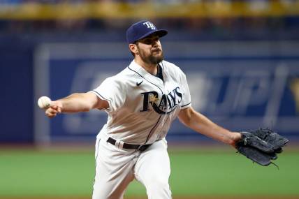 Jul 15, 2022; St. Petersburg, Florida, USA;  Tampa Bay Rays relief pitcher Ryan Thompson (81) throws against the Baltimore Orioles in the seventh inning at Tropicana Field. Mandatory Credit: Nathan Ray Seebeck-USA TODAY Sports