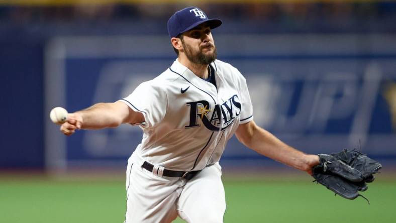 Jul 15, 2022; St. Petersburg, Florida, USA;  Tampa Bay Rays relief pitcher Ryan Thompson (81) throws against the Baltimore Orioles in the seventh inning at Tropicana Field. Mandatory Credit: Nathan Ray Seebeck-USA TODAY Sports