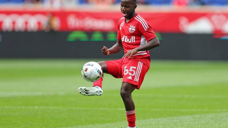 Jul 17, 2022; Harrison, New Jersey, USA; New York Red Bulls midfielder Steven Sserwadda (65) before the game against New York City FC at Red Bull Arena. Mandatory Credit: Vincent Carchietta-USA TODAY Sports