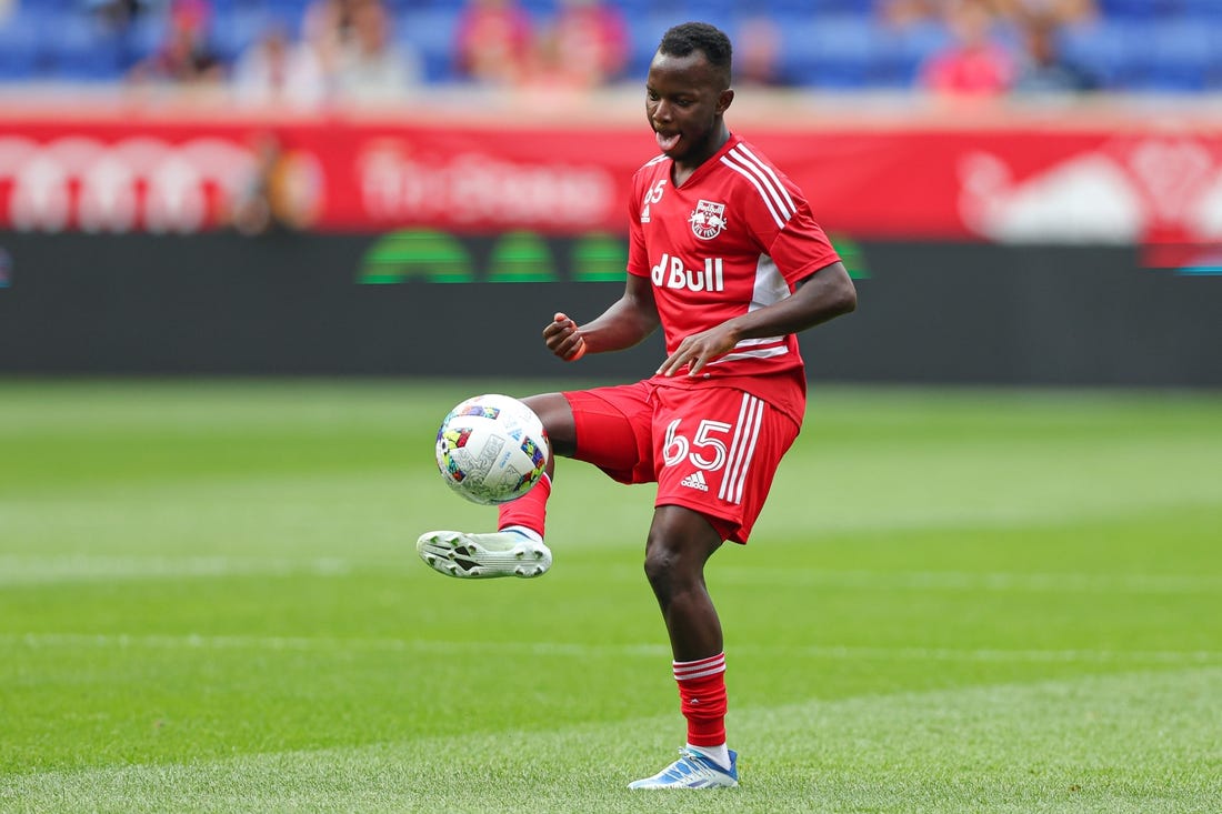 Jul 17, 2022; Harrison, New Jersey, USA; New York Red Bulls midfielder Steven Sserwadda (65) before the game against New York City FC at Red Bull Arena. Mandatory Credit: Vincent Carchietta-USA TODAY Sports