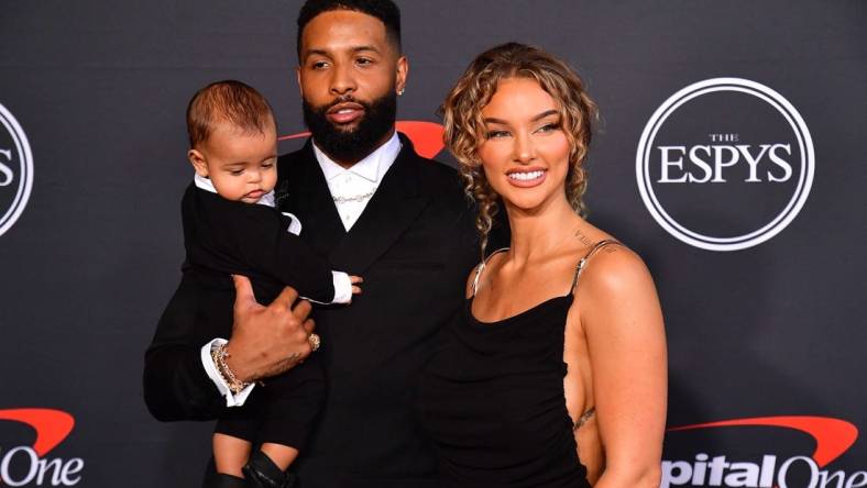 Jul 20, 2022; Los Angeles, CA, USA; NFL football player Odell Beckham Jr. and partner Lauren Wood with son Zydn arrive at the Red Carpet for the 2022 ESPY at Dolby Theater. Mandatory Credit: Gary A. Vasquez-USA TODAY Sports