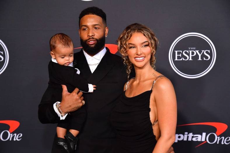 Jul 20, 2022; Los Angeles, CA, USA; NFL football player Odell Beckham Jr. and partner Lauren Wood with son Zydn arrive at the Red Carpet for the 2022 ESPY at Dolby Theater. Mandatory Credit: Gary A. Vasquez-USA TODAY Sports