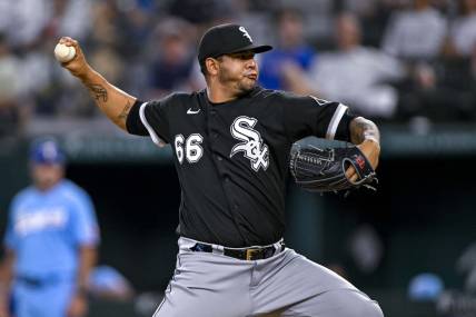 Aug 7, 2022; Arlington, Texas, USA; Chicago White Sox relief pitcher Jose Ruiz (66) pitches against the Texas Rangers during the ninth inning at Globe Life Field. Mandatory Credit: Jerome Miron-USA TODAY Sports