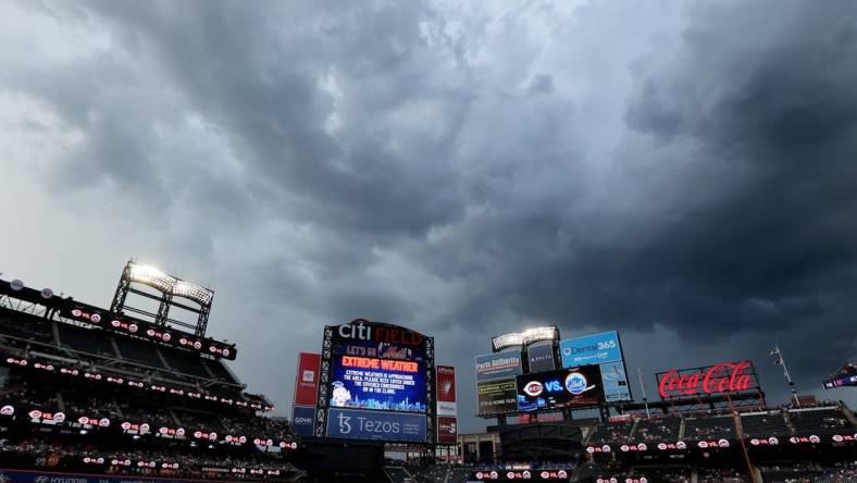 Aug 9, 2022; New York City, New York, USA; General view of storm clouds over Citi Field during a rain delay before a game between the New York Mets and the Cincinnati Reds. Mandatory Credit: Brad Penner-USA TODAY Sports