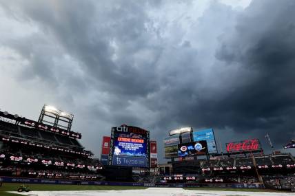 Aug 9, 2022; New York City, New York, USA; General view of storm clouds over Citi Field during a rain delay before a game between the New York Mets and the Cincinnati Reds. Mandatory Credit: Brad Penner-USA TODAY Sports