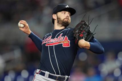 Aug 13, 2022; Miami, Florida, USA; Atlanta Braves pitcher Ian Anderson (36) pitches against the Miami Marlins in the first inning at loanDepot Park. Mandatory Credit: Jim Rassol-USA TODAY Sports